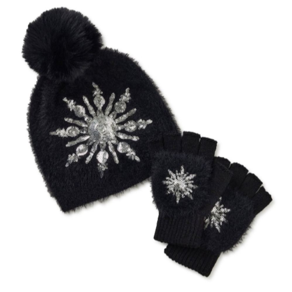 HOLIDAY TIME BLACK POM SEQUIN HAT AND MITTEN SET